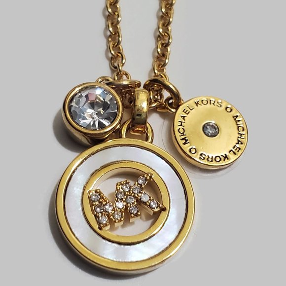 Michael Kors Mother-of-Pearl Rhinestone Logo MK Necklace New - Picture 1 of 5